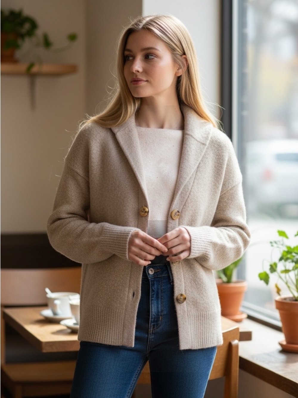 Free People Women's 100% Cashmere Cardigan Oatmeal Button Front Sweater